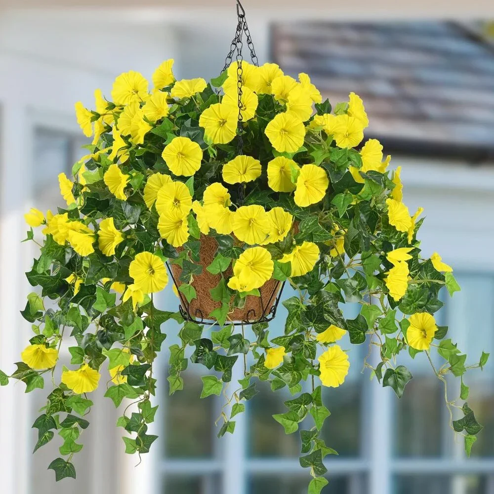 2-Pack Yellow Artificial Flowers Hanging Basket Plants Porch Patio Summer Decor
